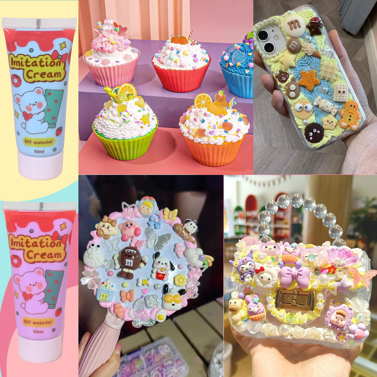 12Pcs Decoden Cream Glue Kit, 50ml Whipped Cream Glue for DIY Phone Case Hairpin Mirror, Handmade Craft for Birthday Christmas, with Plastic Decorating Mouth