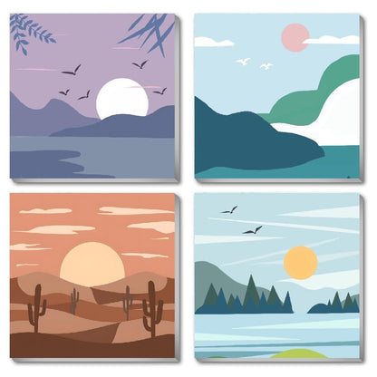 4 Pack Framed Paint by Numbers Kit for Kids & Adults Beginners, Easy Sunset Landscape Paint by Numbers Kits with Canvas Paints Brushes, Acrylic Oil Painting Arts and Crafts for Wall Decor 8 x 8 Inch