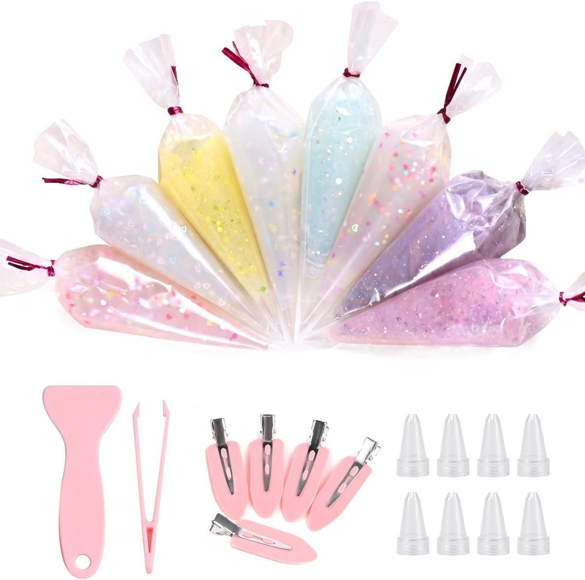 8Pcs 50g Clear Cream Glue Kit with Star, Heart & Butterfly Sequins, Fake Whipped Cream Glue for DIY Phone Case Hairpin Mirror, Craft for Birthday Christmas, with Plastic Decorating Mouth