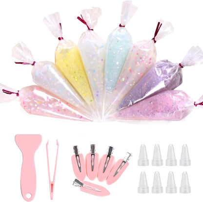 8Pcs 50g Clear Cream Glue Kit with Star, Heart & Butterfly Sequins, Fake Whipped Cream Glue for DIY Phone Case Hairpin Mirror, Craft for Birthday Christmas, with Plastic Decorating Mouth