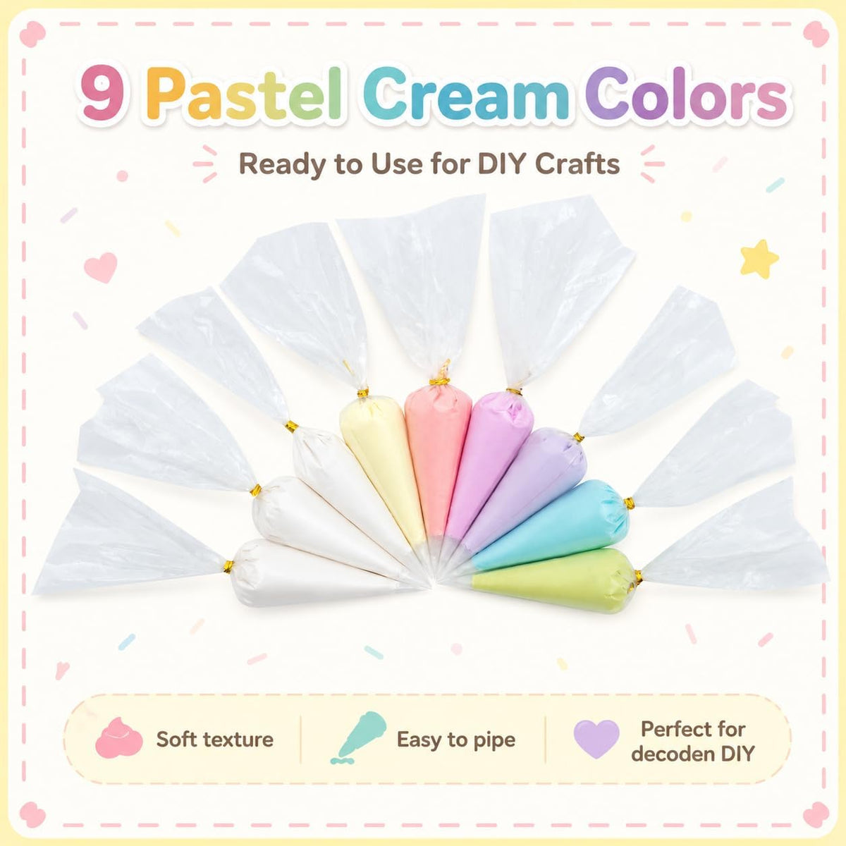 Decoden Cream Glue 9PCS Kit, Fake Whipped Cream, Fake Icing Frosting Whipped Clay with Piping Bags for Phone Cases, Crafts, and DIY Projects