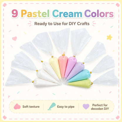 Decoden Cream Glue 9PCS Kit, Fake Whipped Cream, Fake Icing Frosting Whipped Clay with Piping Bags for Phone Cases, Crafts, and DIY Projects