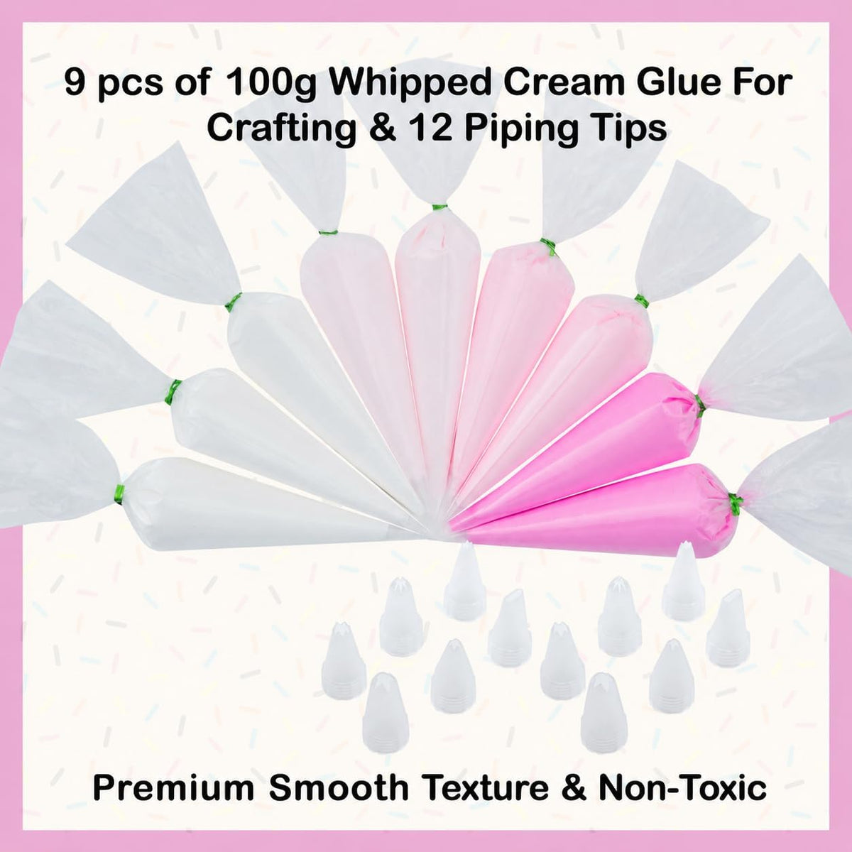 Decoden Cream Large 9PCS Premium Texture Fake Whipped Cream Glue, Decoden Kit, Fake Icing, Fake Frosting, Deco Cream, Whipped Clay with Piping Bags for Crafts and DIY Projects (White & Pinks Set)