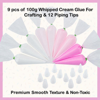 Decoden Cream Large 9PCS Premium Texture Fake Whipped Cream Glue, Decoden Kit, Fake Icing, Fake Frosting, Deco Cream, Whipped Clay with Piping Bags for Crafts and DIY Projects (White & Pinks Set)