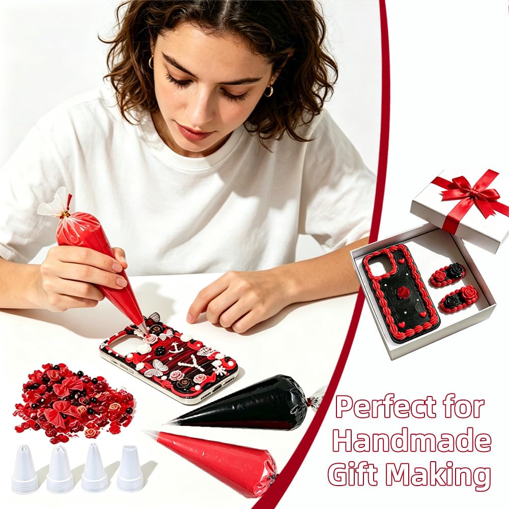 Cream Glue Kit, 4 Pcs Black & Red Tone Fake Cream Glue for DIY Phone Case Decoration, Scrapbooking and Hair Clip Craft Supplies