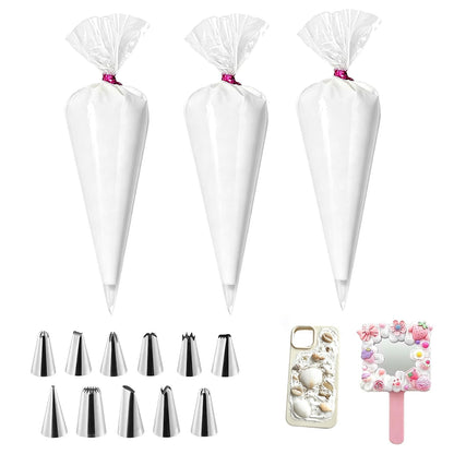 3 Pack Whipped Cream Glue for DIY Crafts, 100g Decoden Cream Glue with 12 Stainless Steel Piping Tips, Whipped Clay DIY Phone Case Kit for Handmade Crafts Decorating & Jewelry Making (White)