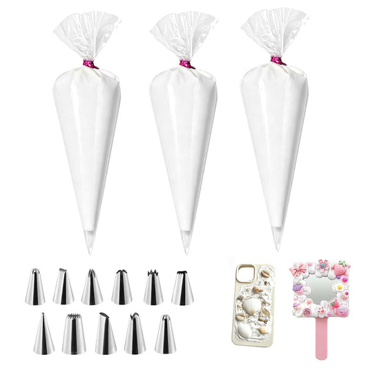 3 Pack Whipped Cream Glue for DIY Crafts, 100g Decoden Cream Glue with 12 Stainless Steel Piping Tips, Whipped Clay DIY Phone Case Kit for Handmade Crafts Decorating & Jewelry Making (White)