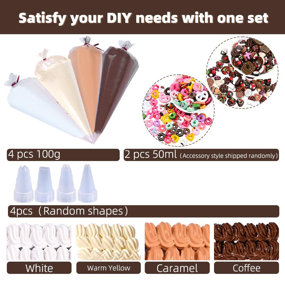 4 Colors Cream Glue Set，Include 4Pcs 100g Simulation Cream Glue with Nozzle 2 Pack Simulated Food Themed Ornaments DIY Phone Case Scrapbooking Resin Jewelry Making