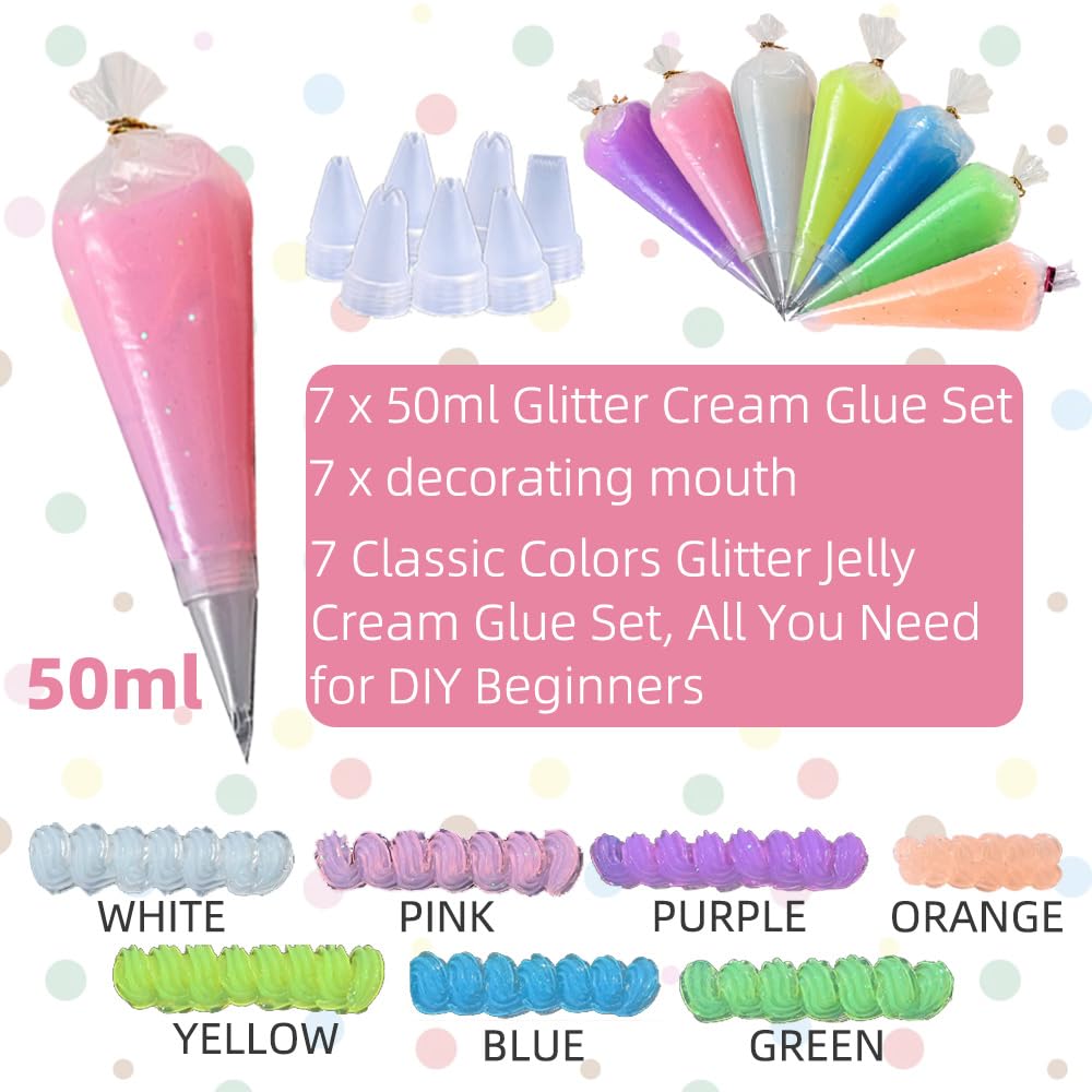 Glitter Cream Glue Kit, 7 Vibrant Sparkle Whipped Glues Including Nozzles Ideal for DIY Phone Cases Scrapbooking Resin Crafts and Ornaments