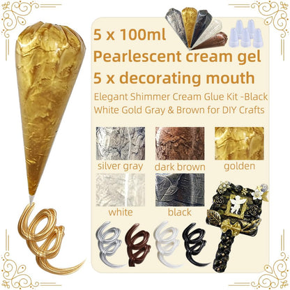 5 Colors Cream Glue Set 100g Each, Pearlescent Shimmer Whipped Glue with Nozzles for DIY Phone Case Crafts Scrapbooking Resin Jewelry Making