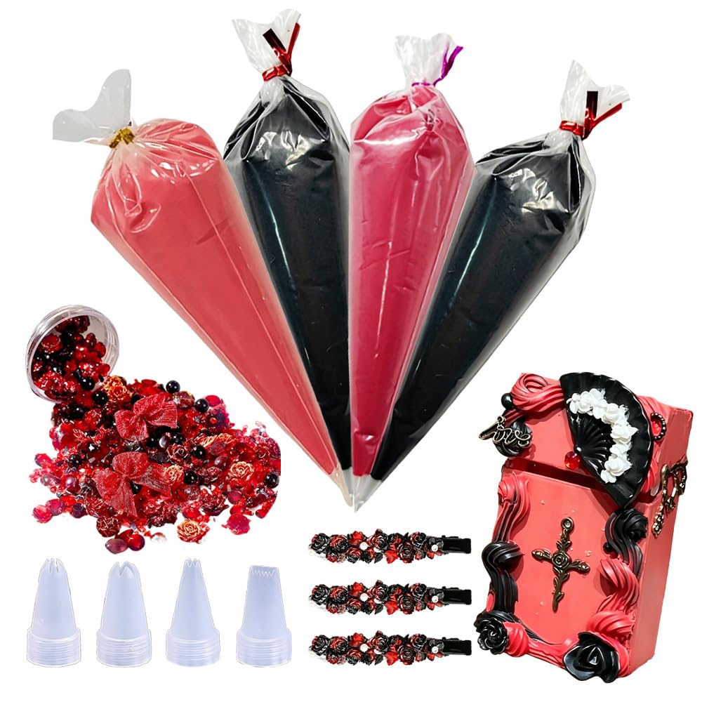 Cream Glue Kit, 4 Pcs Black & Red Tone Fake Cream Glue for DIY Phone Case Decoration, Scrapbooking and Hair Clip Craft Supplies
