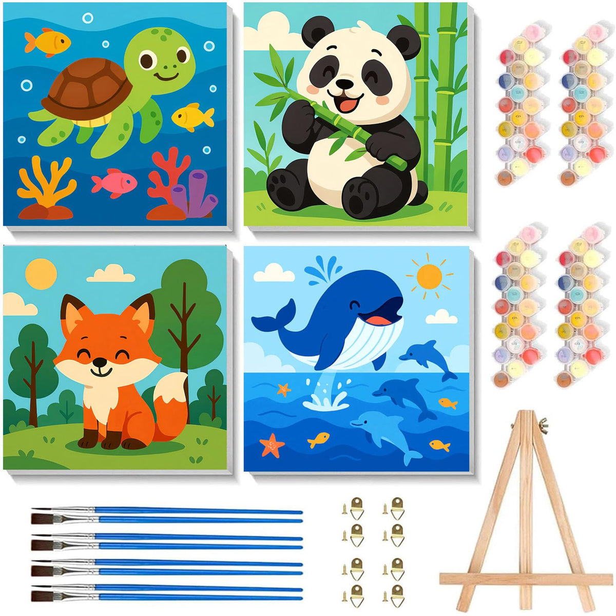 Arttoplus 4 Pack Paint by Numbers Kit for Kids with Frame Animals 8x8 inch