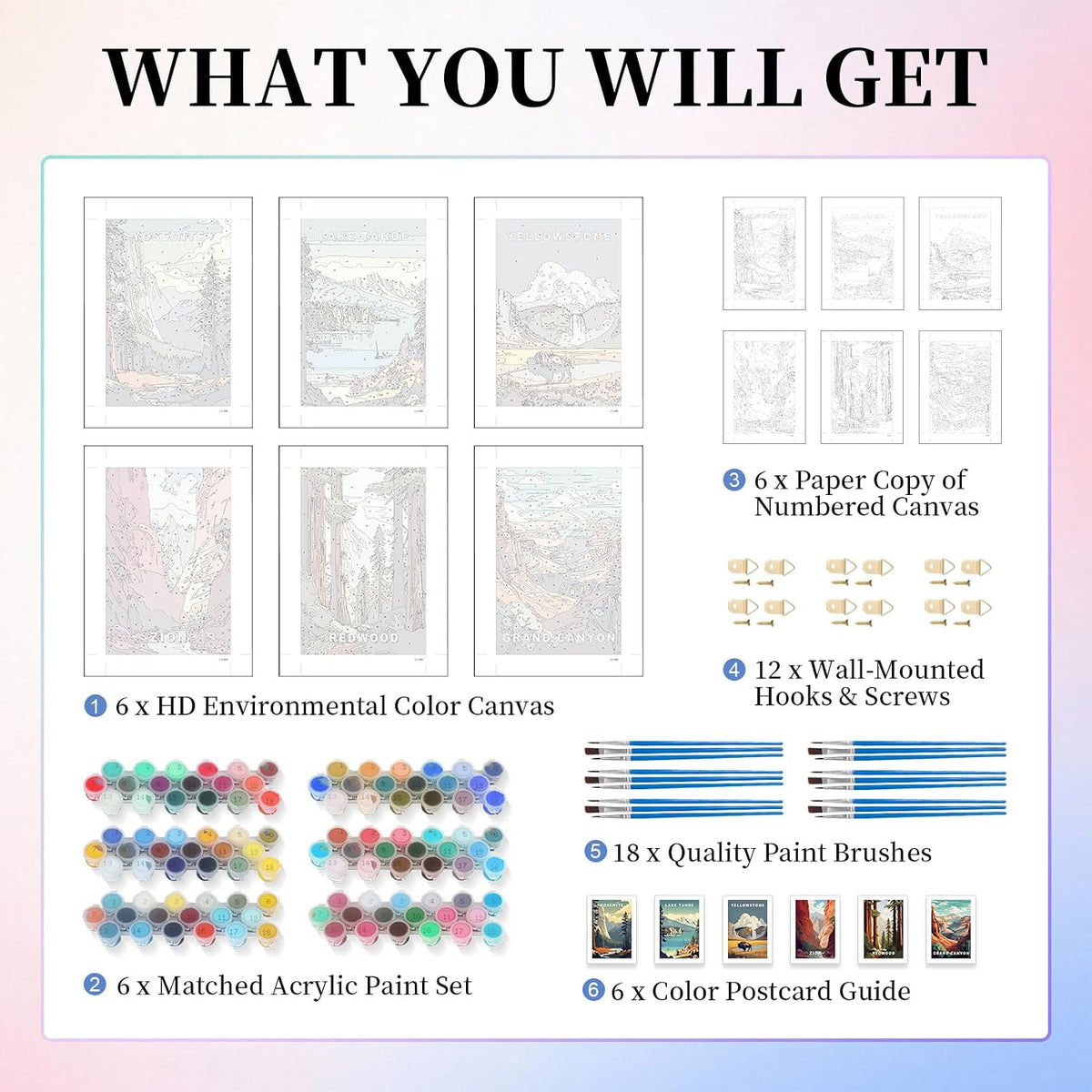 6 Pack Paint by Numbers Kit for Adults, National Parks Canvas Painting Set