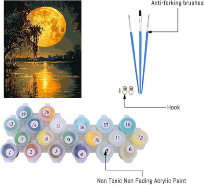 Clendo DIY Moon Paint by Numbers Kit for Adults, Landscape Adult Paint by Number Kits on Canvas Without Frame, Lake View Oil Paint by Numbers for Home Decor Gift 16” W x 20”L