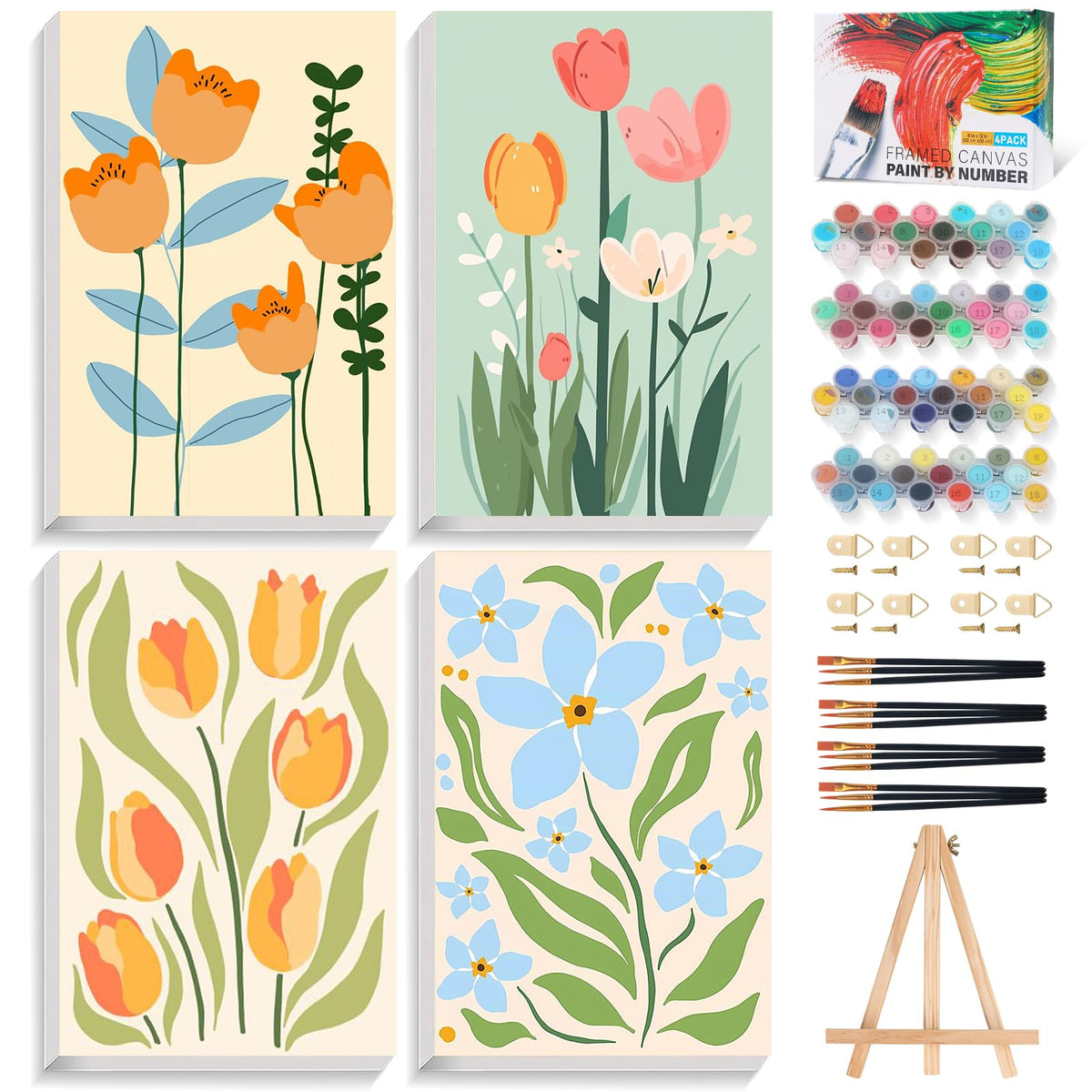 4 Pack Framed Paint by Numbers Kit for Adults Landscape with Wooden Easel