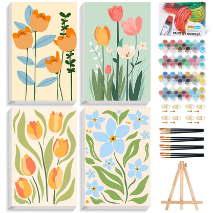 4 Pack Framed Paint by Numbers Kit for Adults Landscape with Wooden Easel