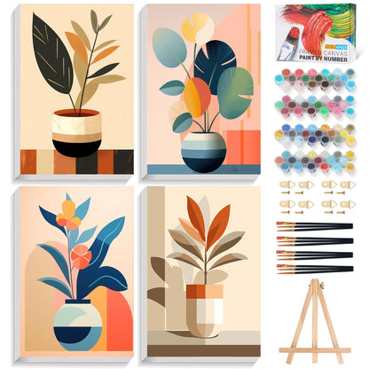 4 Pack Framed Paint by Numbers Kit for Adults with Wooden Easel, 8x12 Inch