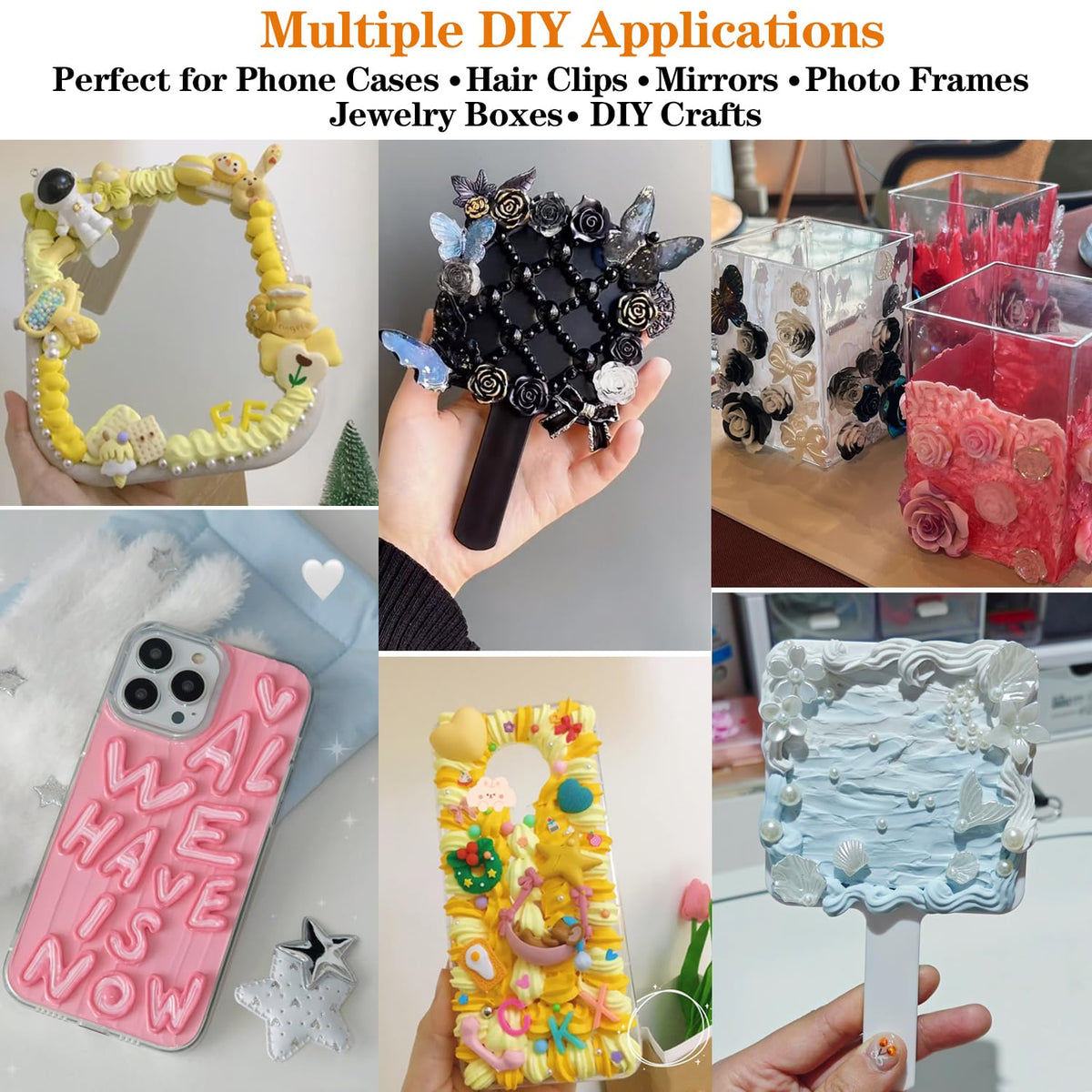 5Pcs Decoden Cream Glue Kit, 100g Fake Whipped Cream for DIY Phone Case, with 5 Hair Clips & Decorating Tools, Craft Kit for Mirror & Resin, Gift for Birthday & Christmas (Lemon Yellow)