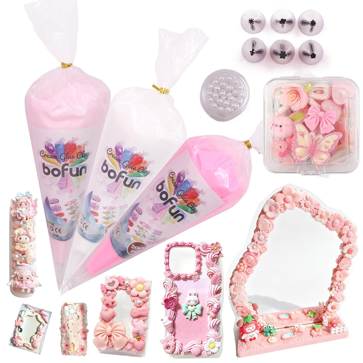 BoFUN Pink Decoden Cream Glue with Charms, Whipped Cream Glue Clay Kit