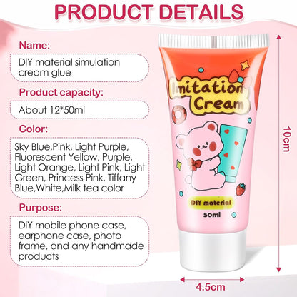 12-Color Decoden Cream Glue Kit,12x50ml with Piping Tips for Phone Cases