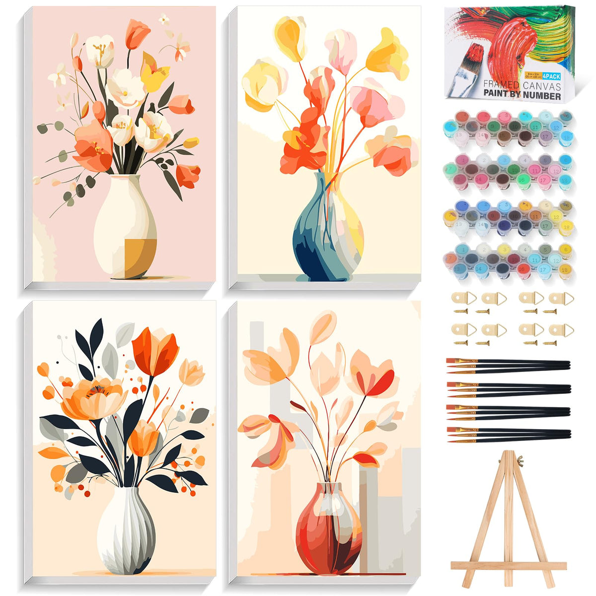4 Pack Framed Paint by Numbers Kit for Adults with Wooden Easel, 8x12 Inch