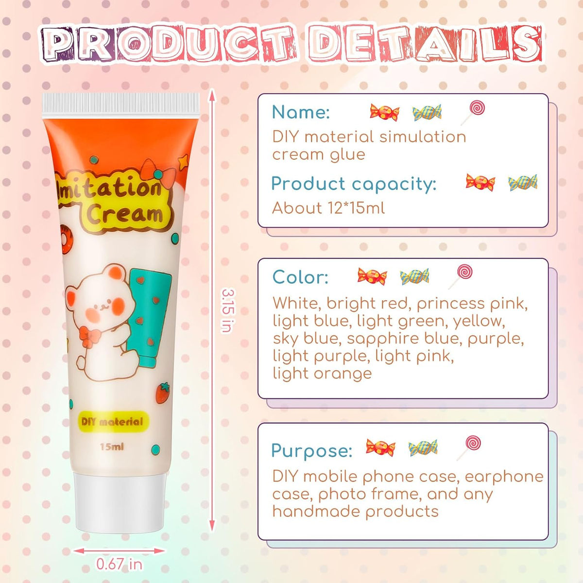 12 Pcs Whipped Cream Glue Kit with Piping Tip Decoden Charm,Candy