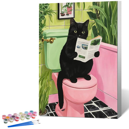 Framed Paint by Numbers Kit for Adults, Black Cat Bathroom Decor 8x12 Inch