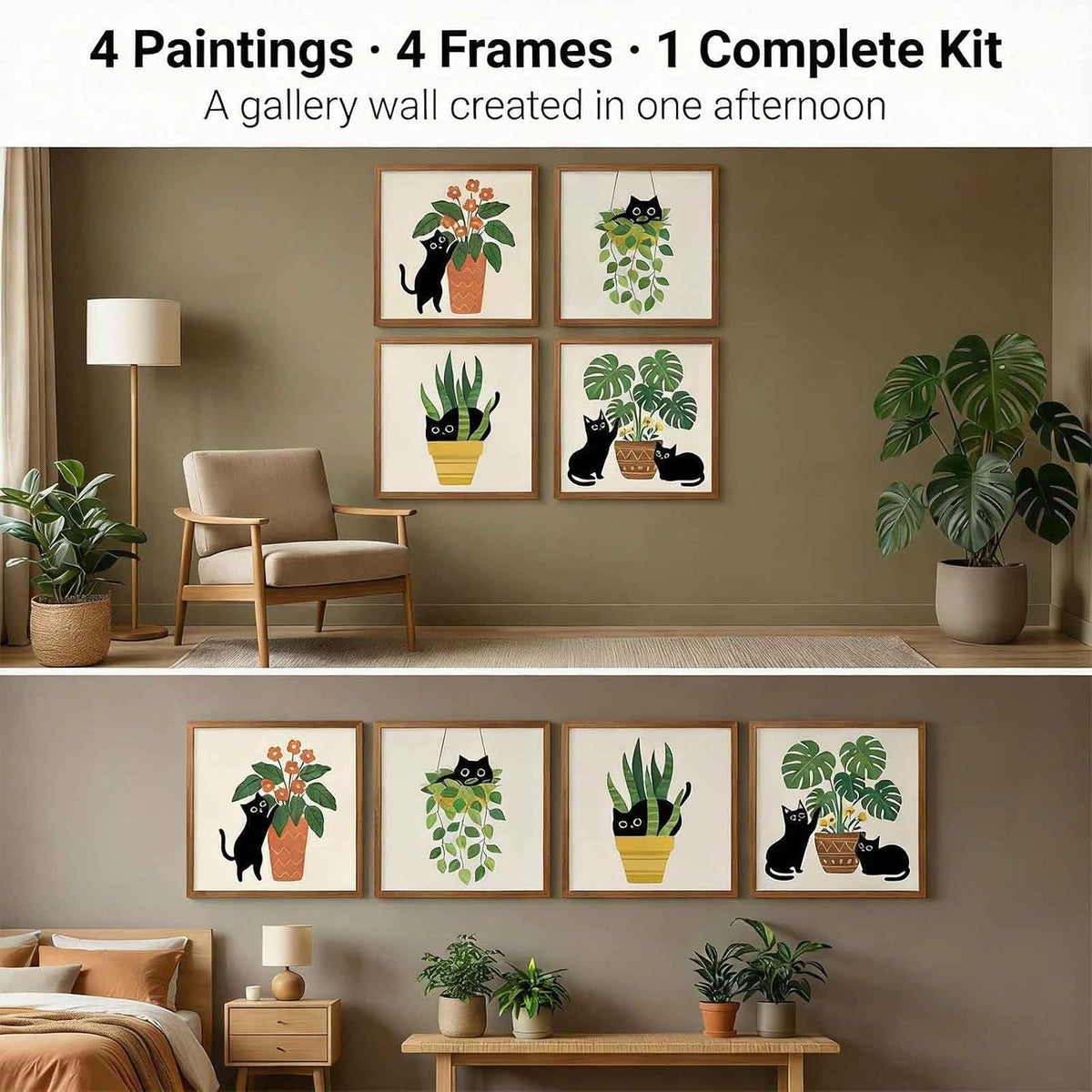 Amphol Framed Paint by Numbers Kit for Adults - 10x10 Inch Easy 4 Pack Potted Cat Framed Canvas Paint by Number for Beginners, DIY Acrylic Oil Painting Kits with Frame for Home Wall Decor Gift