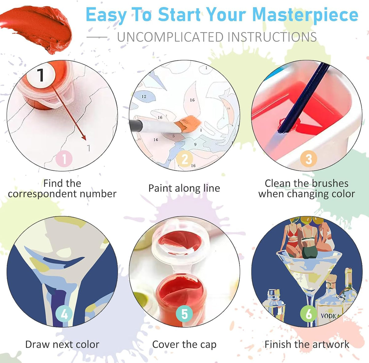 Offito 6 Pack Paint by Numbers Kit for Adults, Funny Cocktail, 8x12 Inch