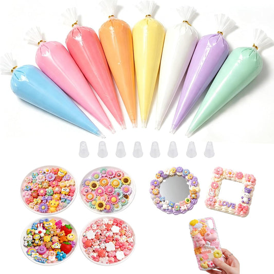 Decoden Cream Glue Kit, 8 Colors 100g Fake Whipped Cream Glue with 40PCS Charms & Tips, DIY Phone Case Craft Kit, Deco Cream for Jewelry Mirror Decoration, Gift for Girls Teens