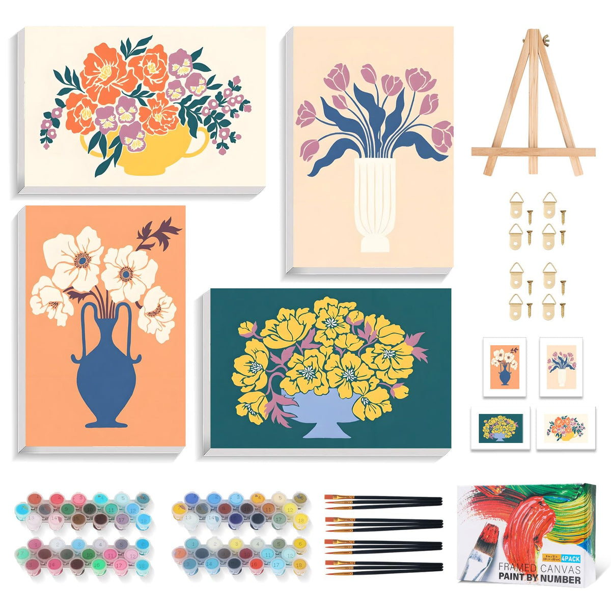 Okarina 4 Pack Paint by Numbers Kit for Adults with Frame, Easy Flower