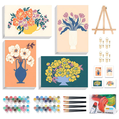 Okarina 4 Pack Paint by Numbers Kit for Adults with Frame, Easy Flower