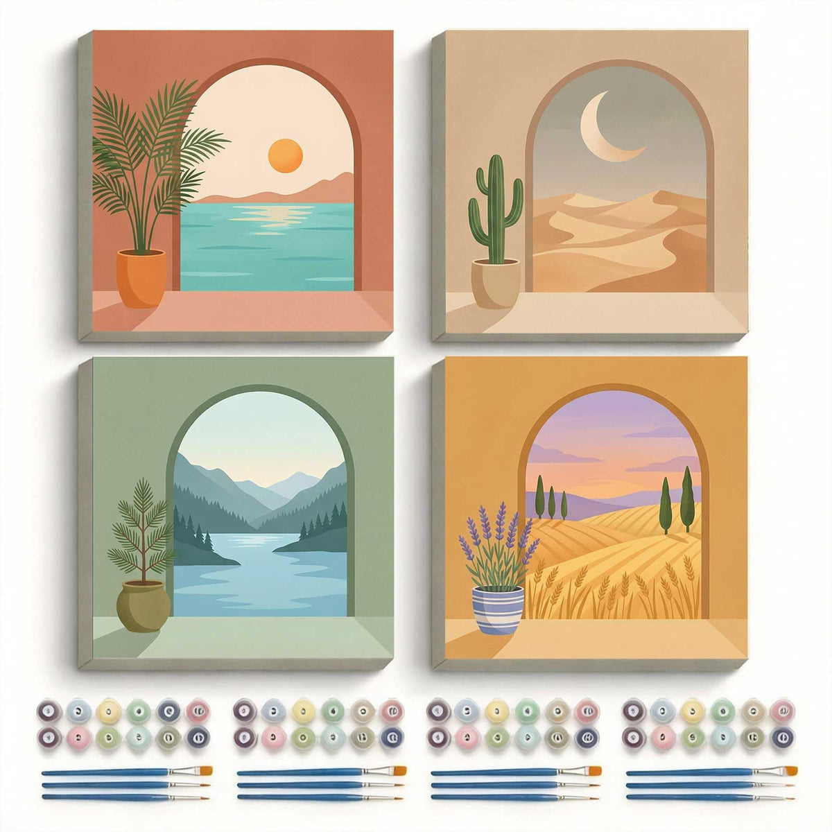 Amphol Framed Paint by Numbers Kit for Adults - 10x10 Inch Easy 4 Pack Potted Cat Framed Canvas Paint by Number for Beginners, DIY Acrylic Oil Painting Kits with Frame for Home Wall Decor Gift