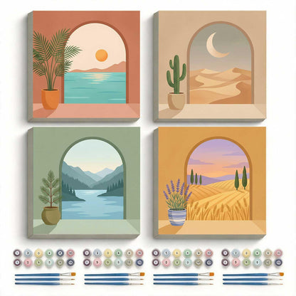 Amphol Framed Paint by Numbers Kit for Adults - 10x10 Inch Easy 4 Pack Potted Cat Framed Canvas Paint by Number for Beginners, DIY Acrylic Oil Painting Kits with Frame for Home Wall Decor Gift