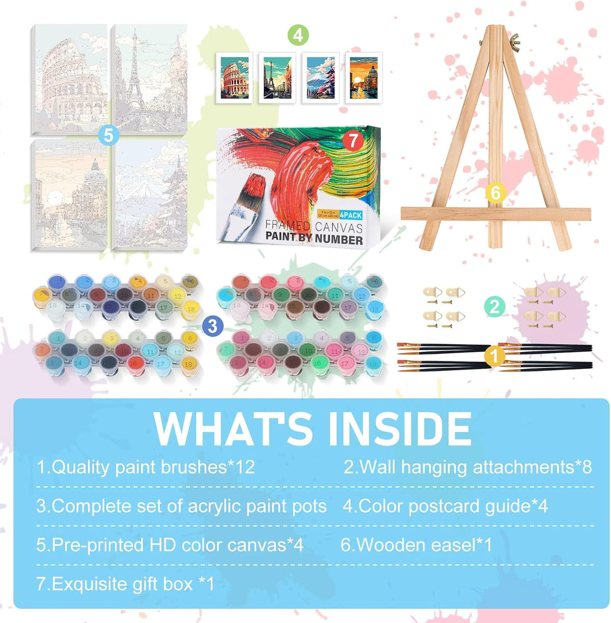 4 Pack Framed Paint by Numbers Kit for Adults with Wooden Easel, 8x12 Inch