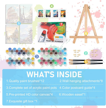 4 Pack Framed Paint by Numbers Kit for Adults with Wooden Easel, 8x12 Inch