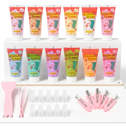 12Pcs Decoden Cream Glue Kit, 50ml Whipped Cream Glue for DIY Phone Case Hairpin Mirror, Handmade Craft for Birthday Christmas, with Plastic Decorating Mouth