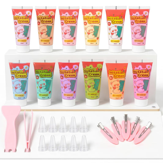 12Pcs Decoden Cream Glue Kit, 50ml Whipped Cream Glue for DIY Phone Case Hairpin Mirror, Handmade Craft for Birthday Christmas, with Plastic Decorating Mouth