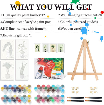 4 Pack Framed Paint by Numbers Kit for Adults Green Plant with Wooden Easel
