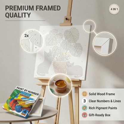 Amphol Framed Paint by Numbers Kit for Adults - 10x10 Inch Easy 4 Pack Potted Cat Framed Canvas Paint by Number for Beginners, DIY Acrylic Oil Painting Kits with Frame for Home Wall Decor Gift
