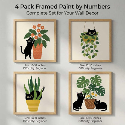 Amphol Framed Paint by Numbers Kit for Adults - 10x10 Inch Easy 4 Pack Potted Cat Framed Canvas Paint by Number for Beginners, DIY Acrylic Oil Painting Kits with Frame for Home Wall Decor Gift
