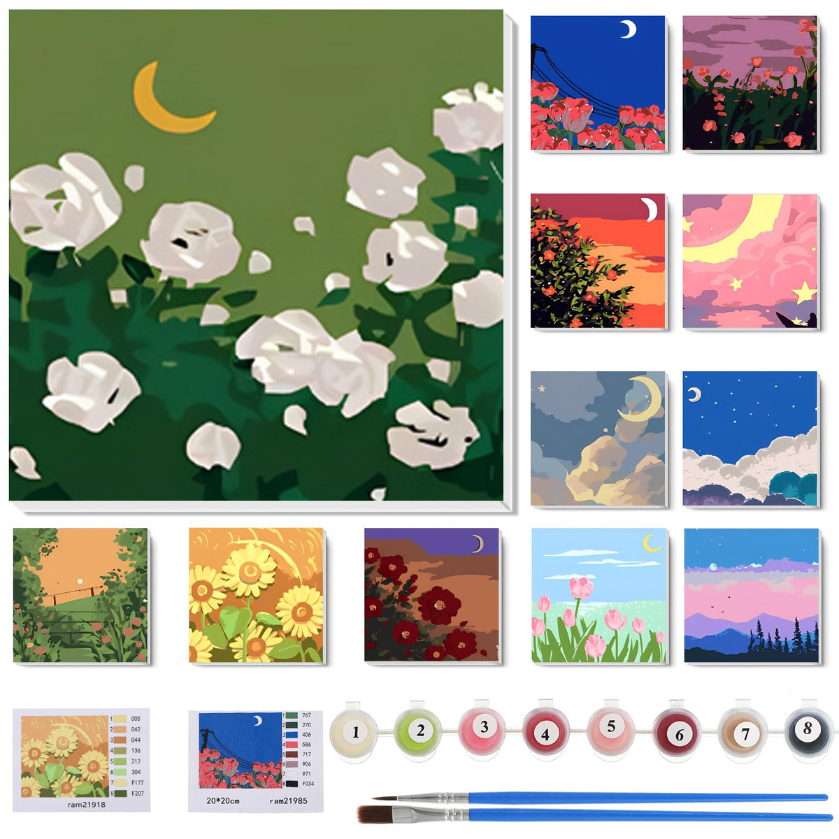 Nezyo 12 Sets Paint by Numbers Kit with Frame for Adults, Acrylic 8x8 Inch