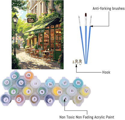 Mrnsiet Paint by Numbers Kit for Adults, Easy Street Cafe Adult Paint by Number Kits on Canvas, Spring Scene DIY Acrylic Oil Number Painting Kits for Home Wall Decor Gift 16x20 Inch