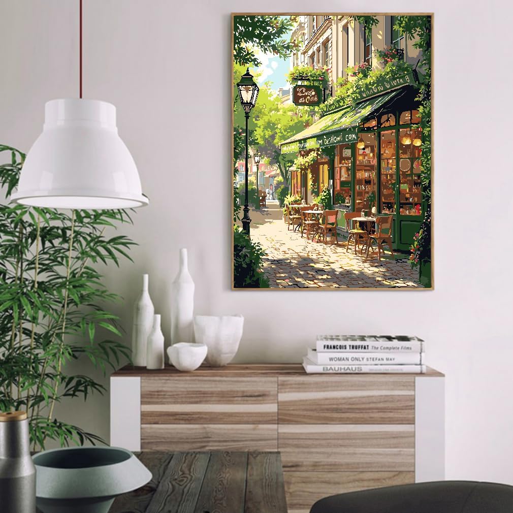 Mrnsiet Paint by Numbers Kit for Adults, Easy Street Cafe Adult Paint by Number Kits on Canvas, Spring Scene DIY Acrylic Oil Number Painting Kits for Home Wall Decor Gift 16x20 Inch