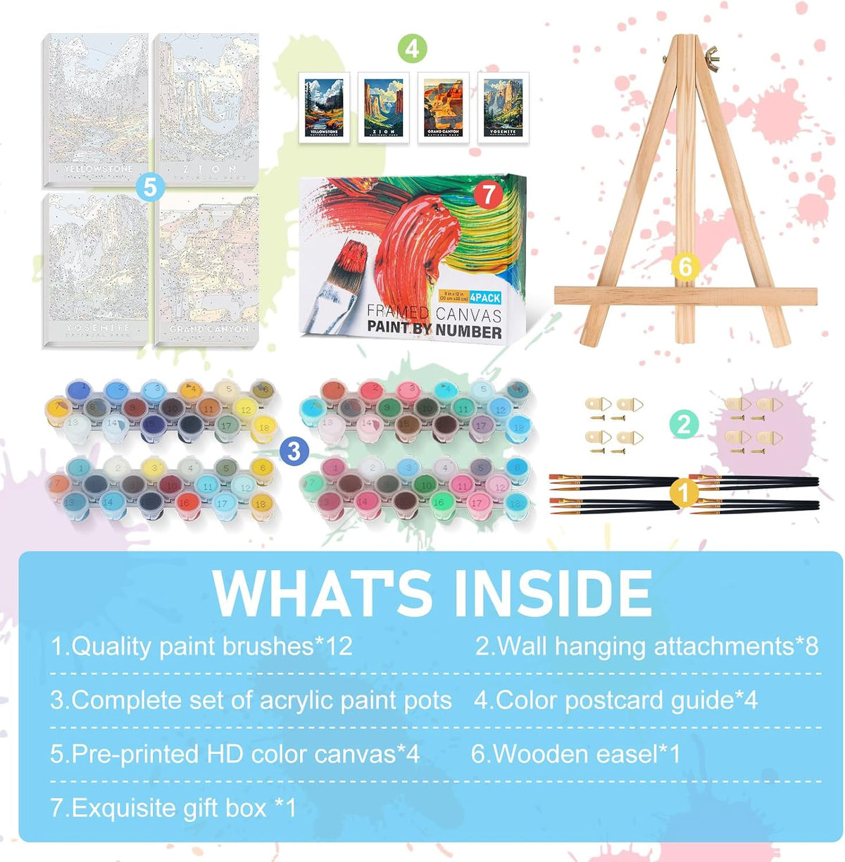 4 Pack Framed Paint by Numbers Kit for Adults with Wooden Easel, 8x12 Inch