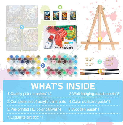 4 Pack Framed Paint by Numbers Kit for Adults with Wooden Easel, 8x12 Inch