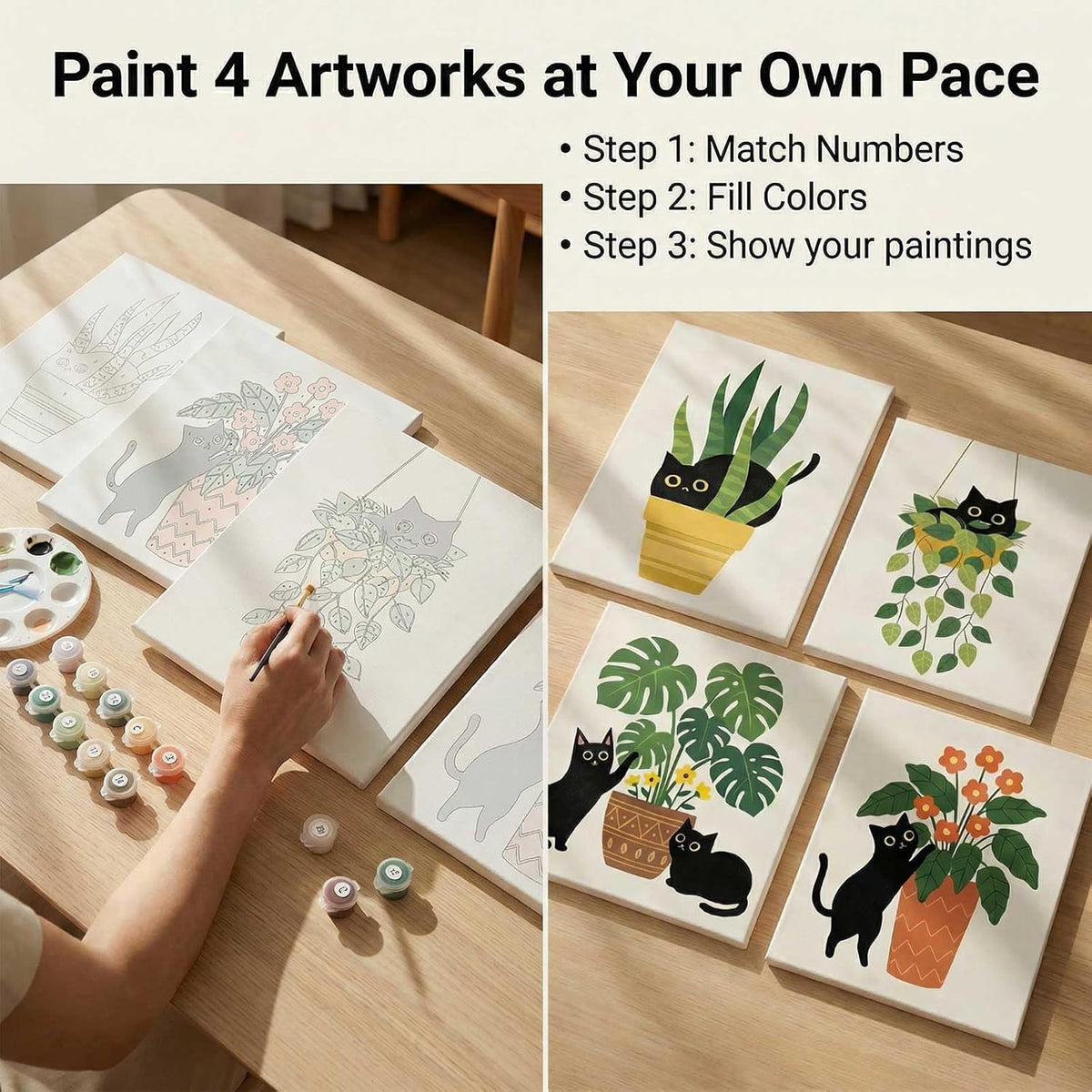 Amphol Framed Paint by Numbers Kit for Adults - 10x10 Inch Easy 4 Pack Potted Cat Framed Canvas Paint by Number for Beginners, DIY Acrylic Oil Painting Kits with Frame for Home Wall Decor Gift