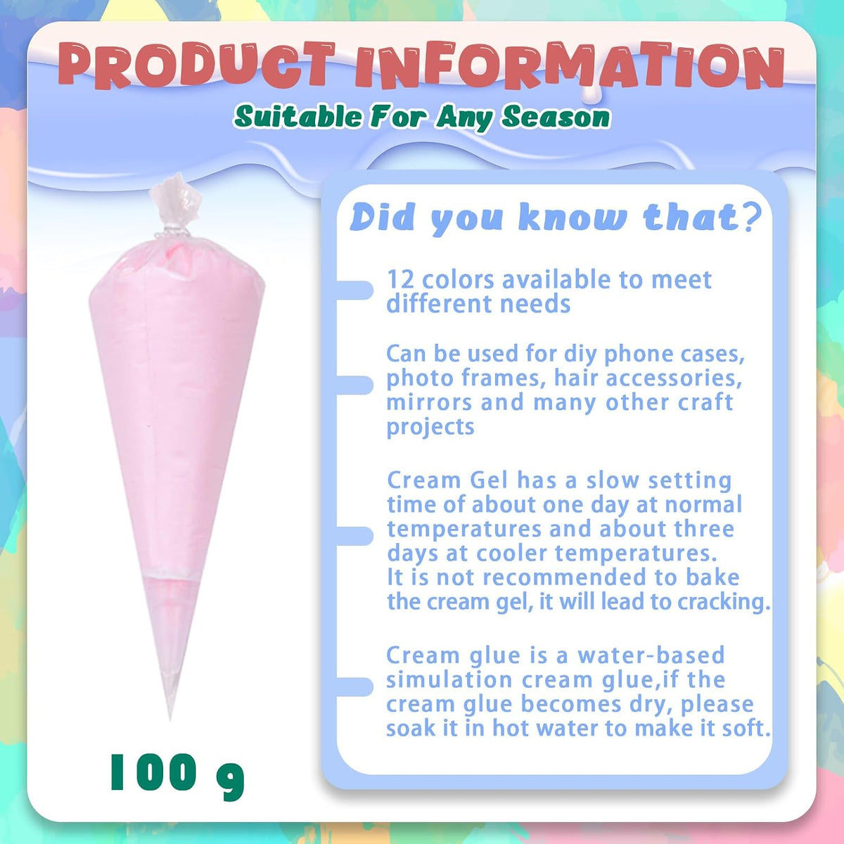 12PCS 100g Cream Kit Fake Whipped Cream Glue Clay Summer Craft DIY Decorations Rainbow Themed Cream DIY Making Art Craft Kit for Handmade Phone Case Mirror Jewelry Accessories