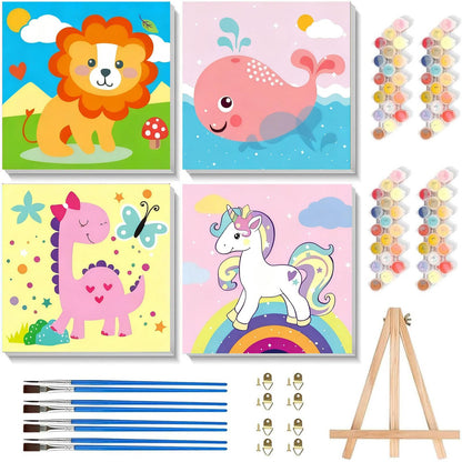 Arttoplus 4 Pack Paint by Numbers Kit for Kids with Frame Animals 8x8 inch