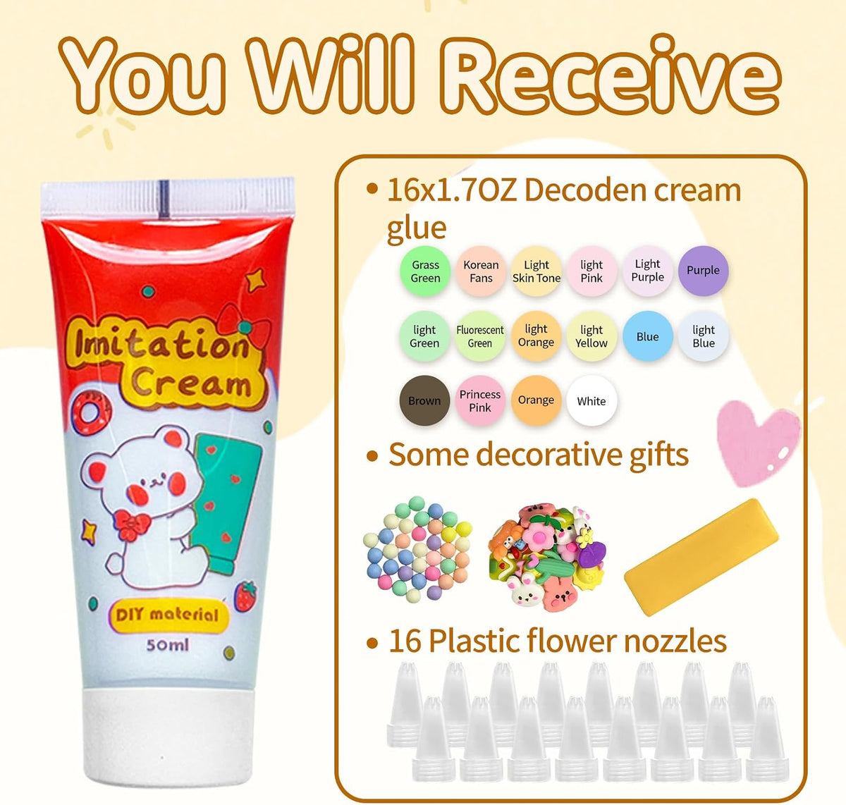 TBTFW 16 Colors Decoden Cream Kit, Fake Whipped Cream Glue Clay